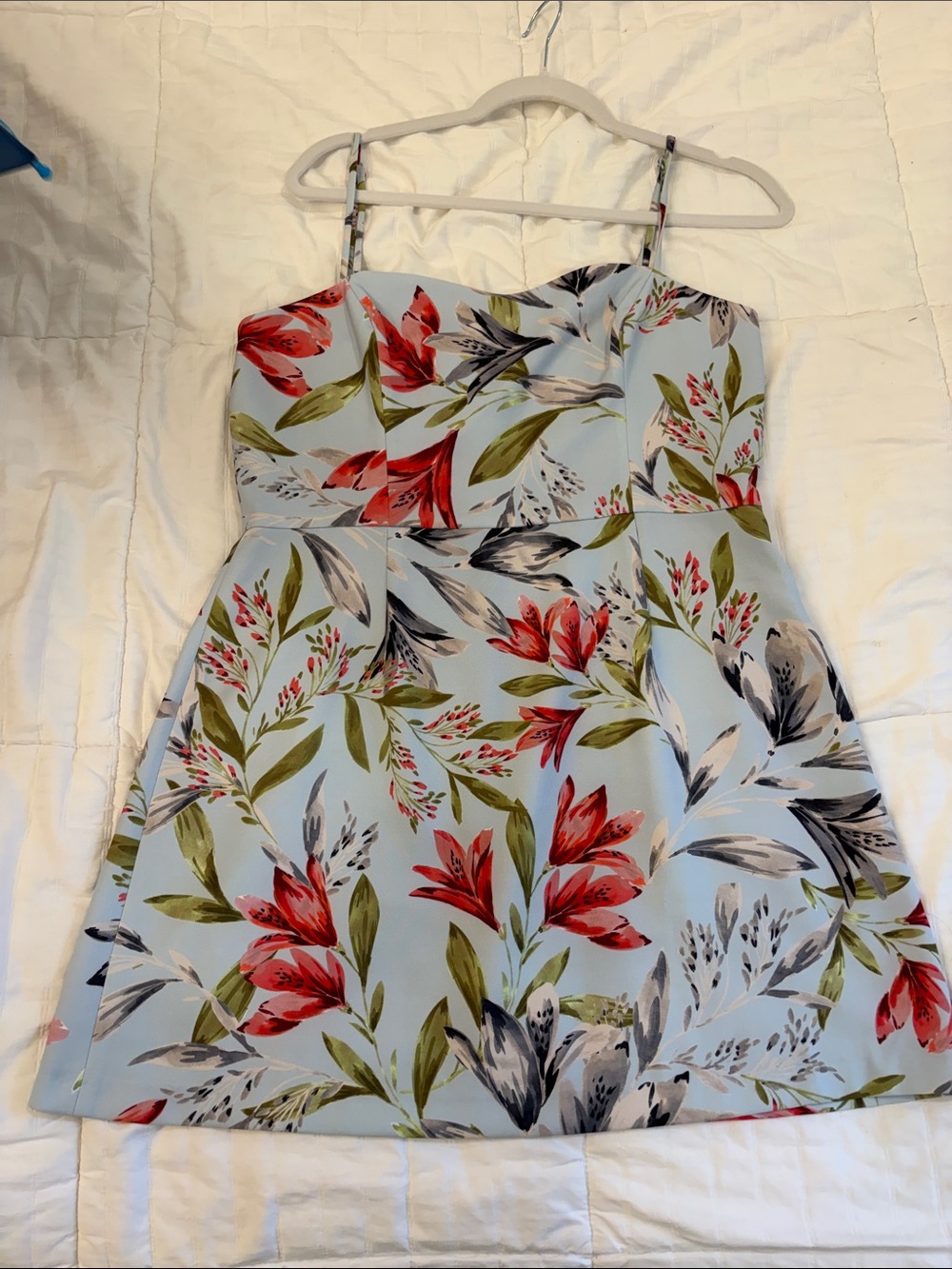 French Connection Light Blue Floral Mini Dress with Red & Green Accents